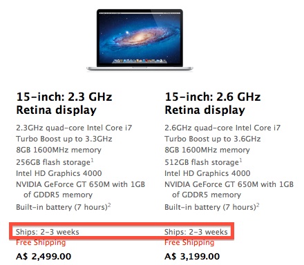 retina macbook pro ship 2 3 weeks jul13