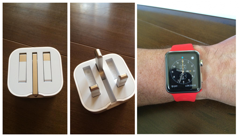 Folding UK Plug and Red Apple Watch