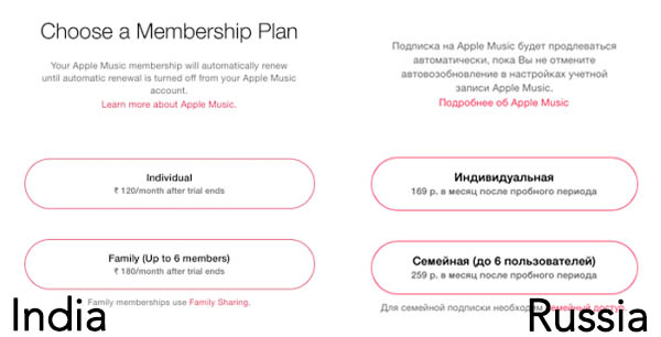 Apple Music India Russia Pricing