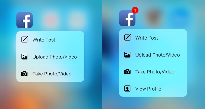 Facebook iOS app Quick Actions