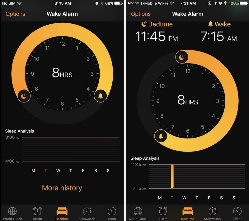 iOS 10 clock app sleep analysis