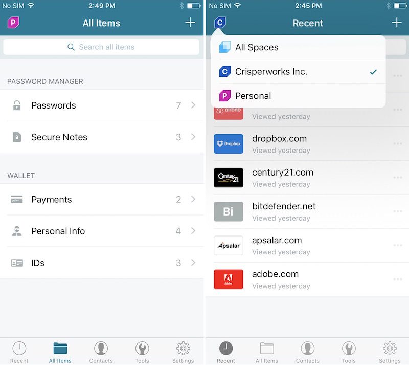 Dashlane iOS Spaces