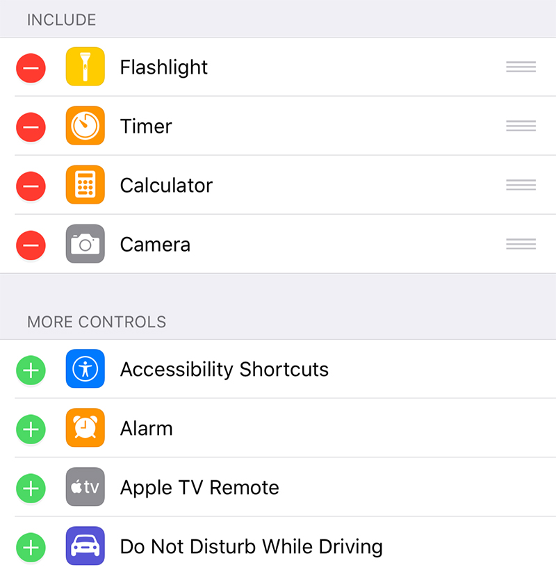 Control Center iOS 11 settings