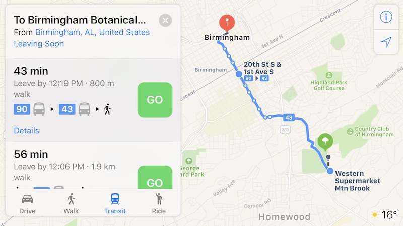 apple maps transit birmingham