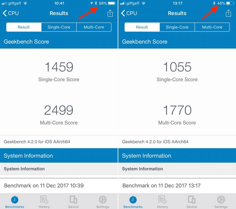 iphone 6s geekbench battery