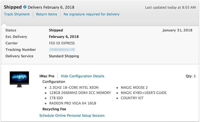 imac pro shipped 18 core