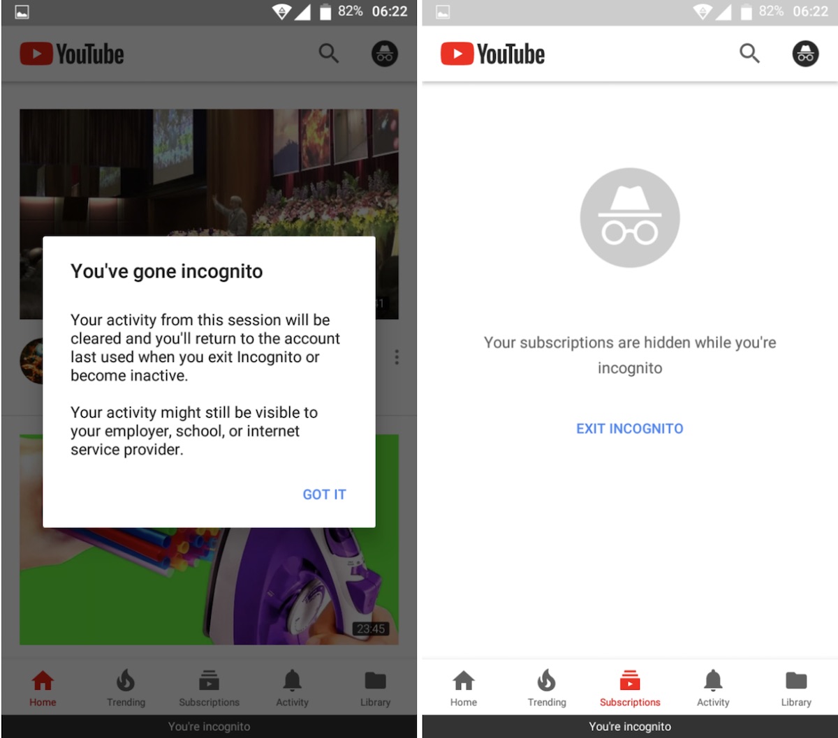 youtube android incognito