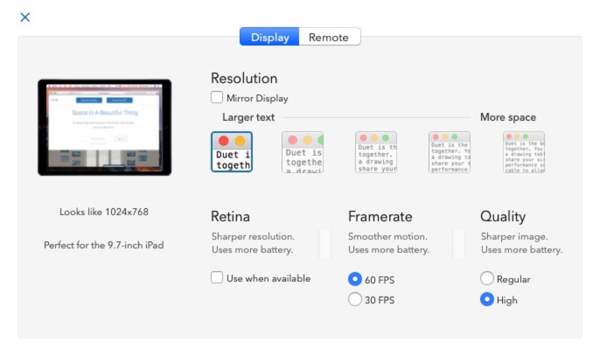 Duet Display advanced options