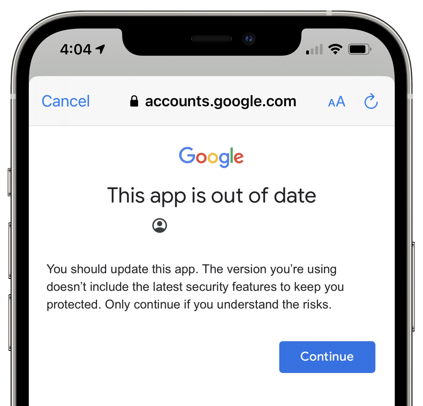 google gmail app out of date warning