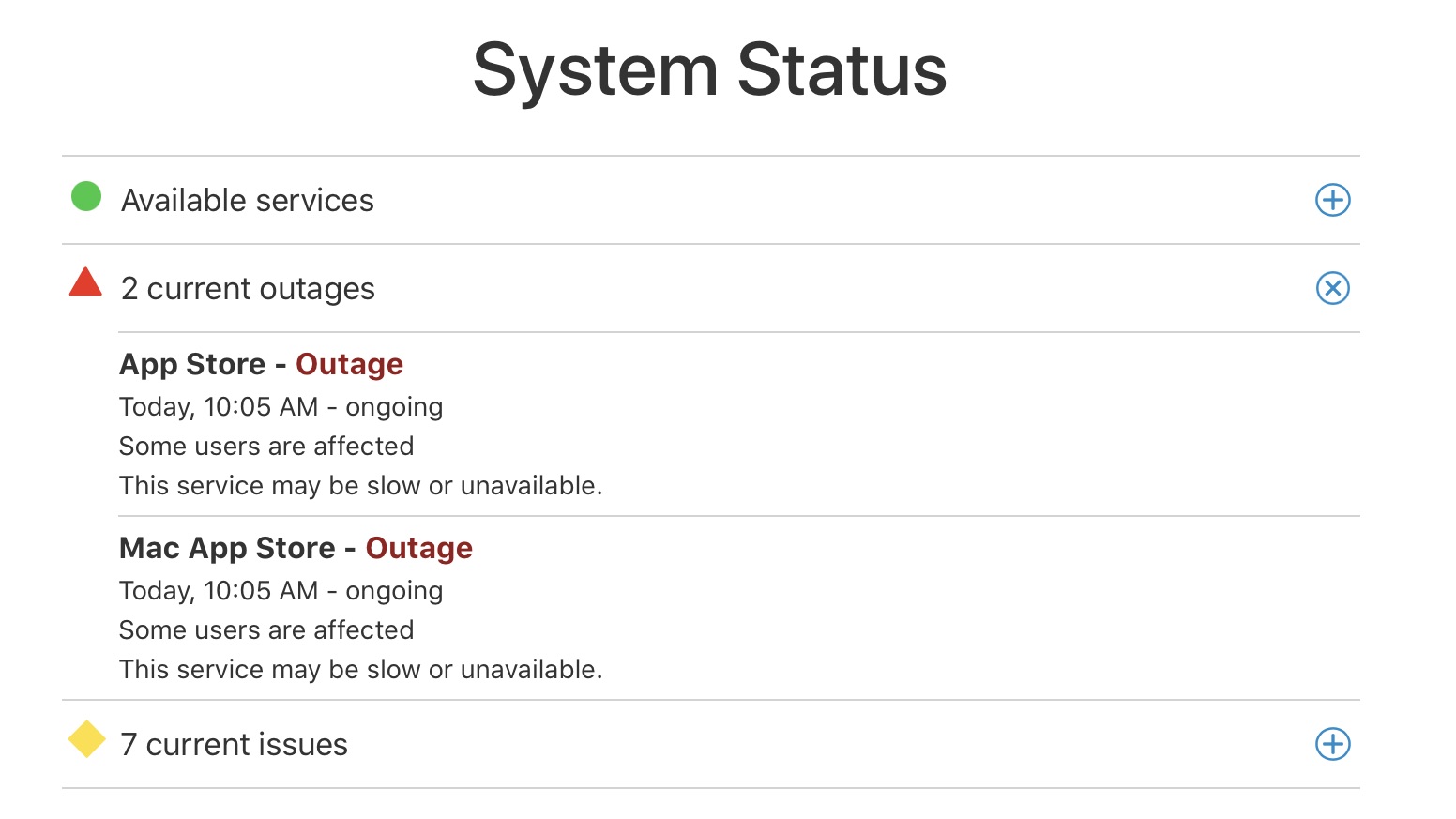 apple system status app store outage