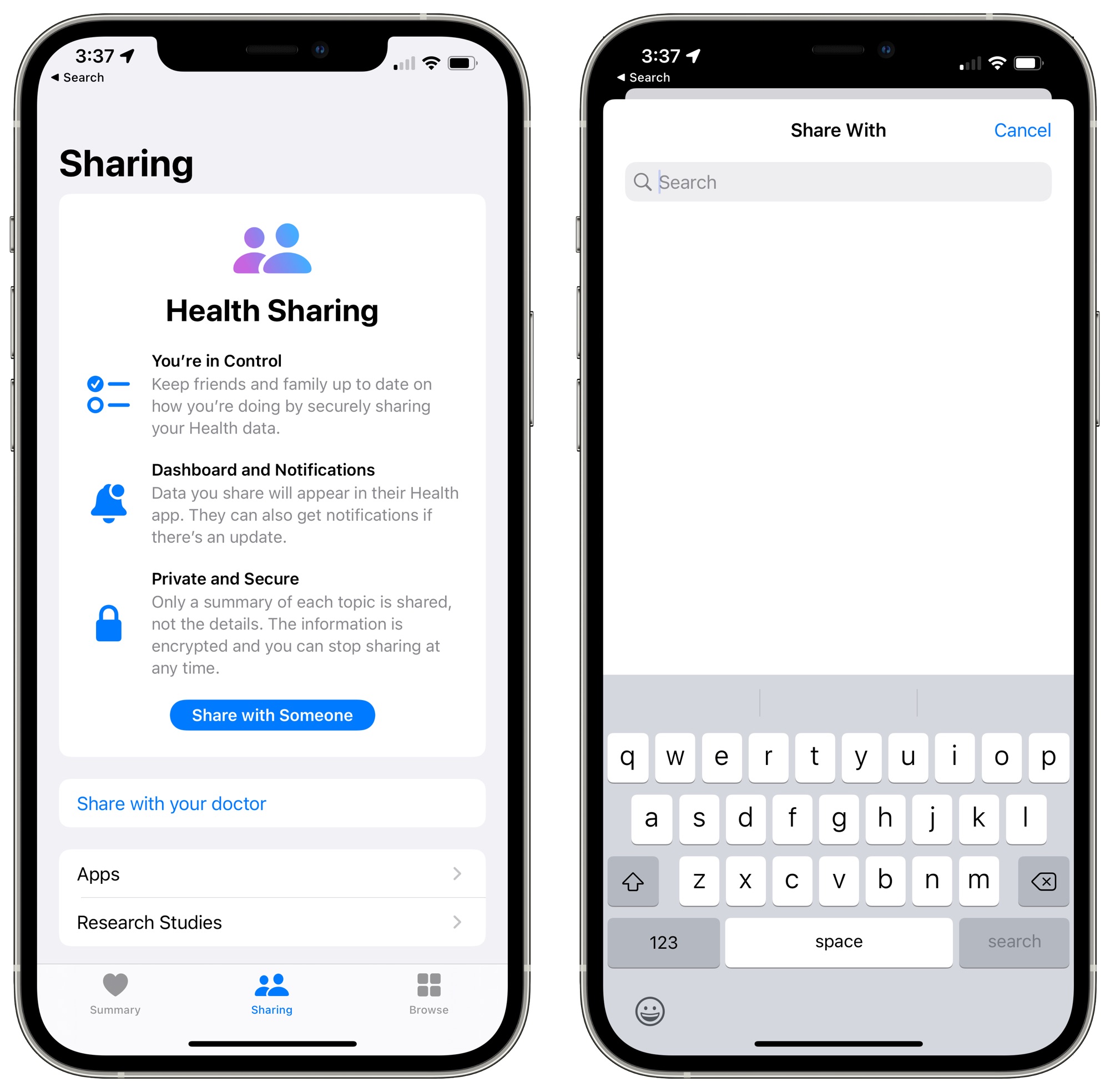 ios 15 health app start sharing interface