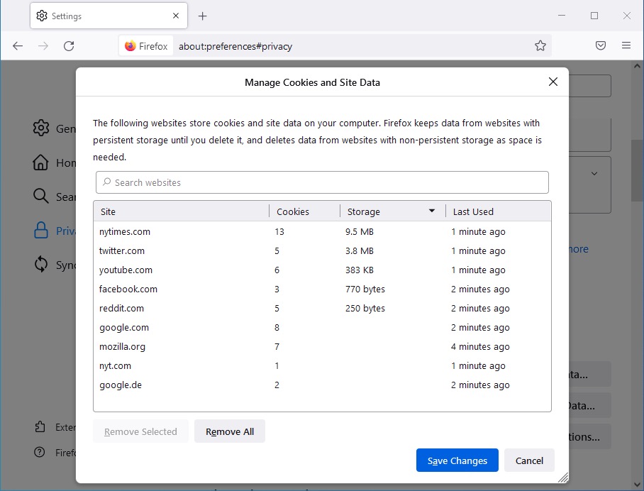 manage cookies and site data