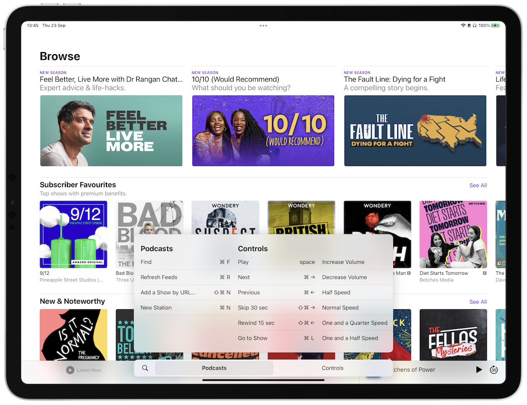 ipados 15 podcasts app keyboard shortcuts