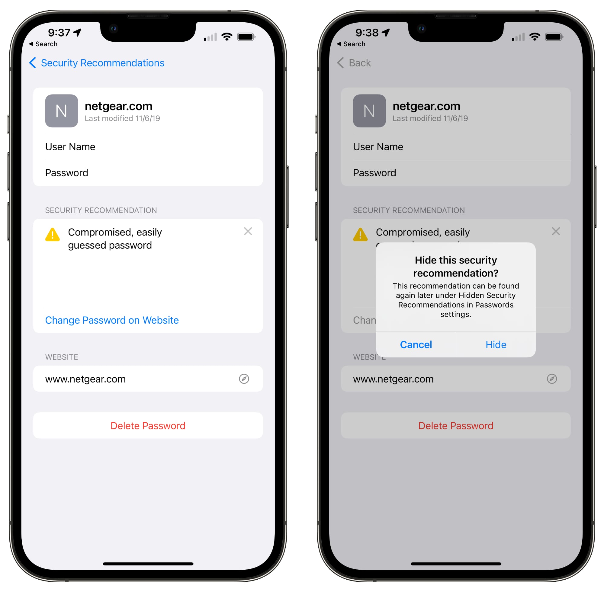 password hide security recommendation ios 15 4