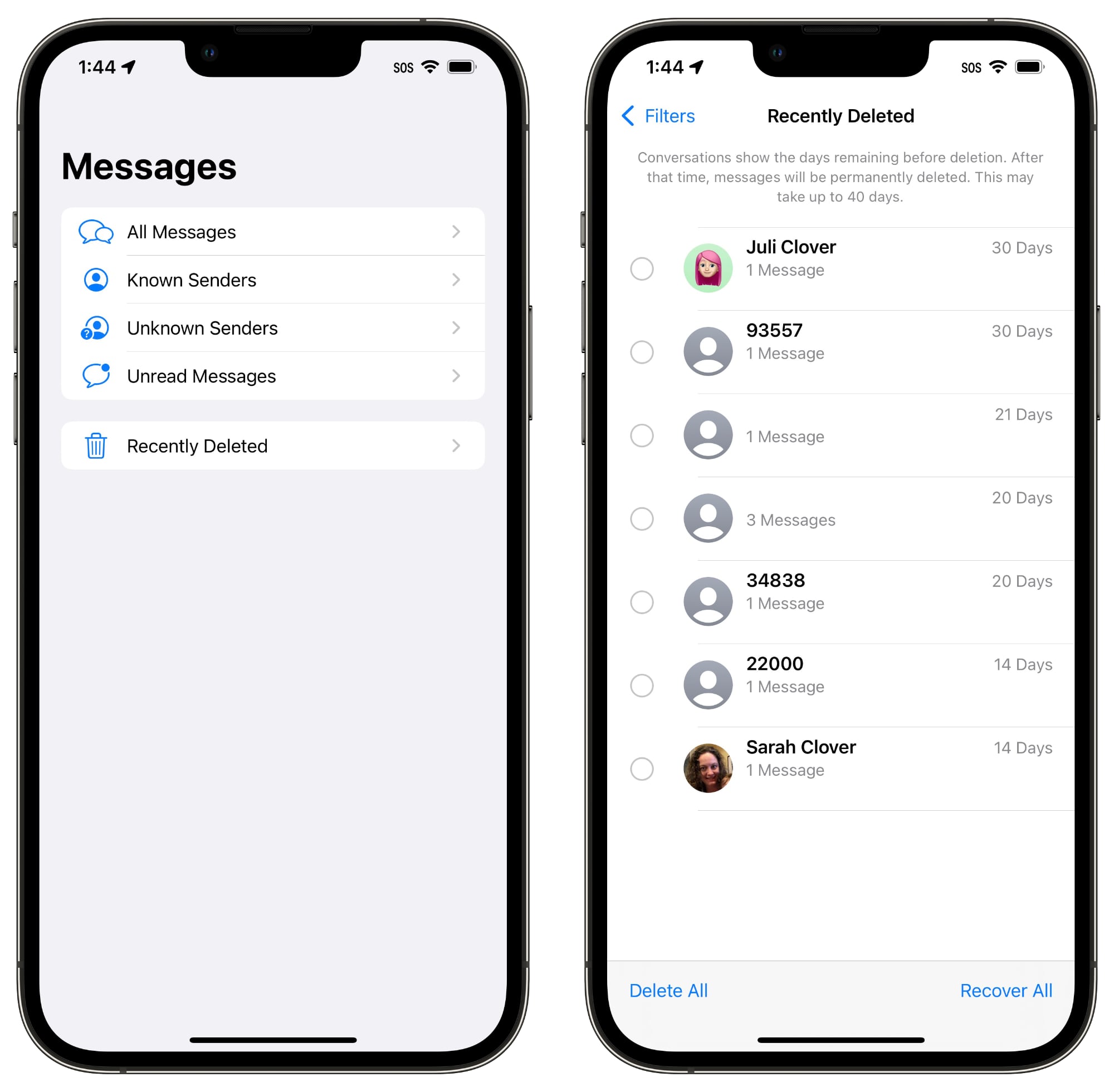 recently deleted messages ios 16