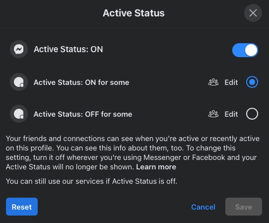 facebook active status menu - چگونه وضعیت فعال خود را در فیس بوک و مسنجر فیس بوک غیرفعال کنیم