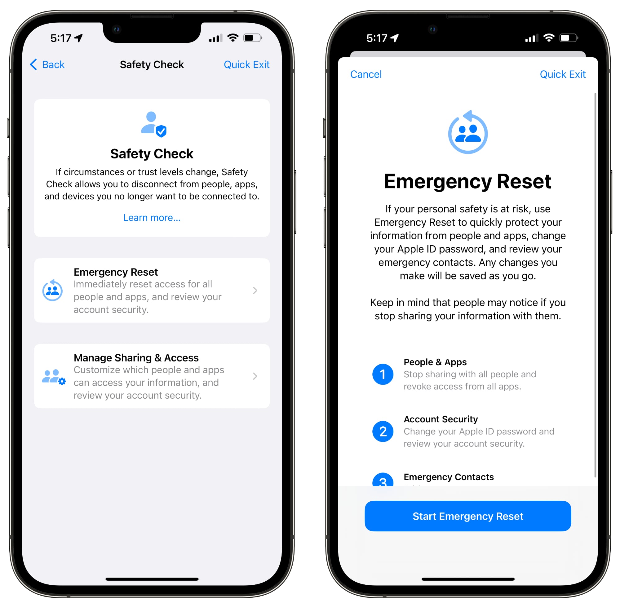 ios 16 safety check emergency reset