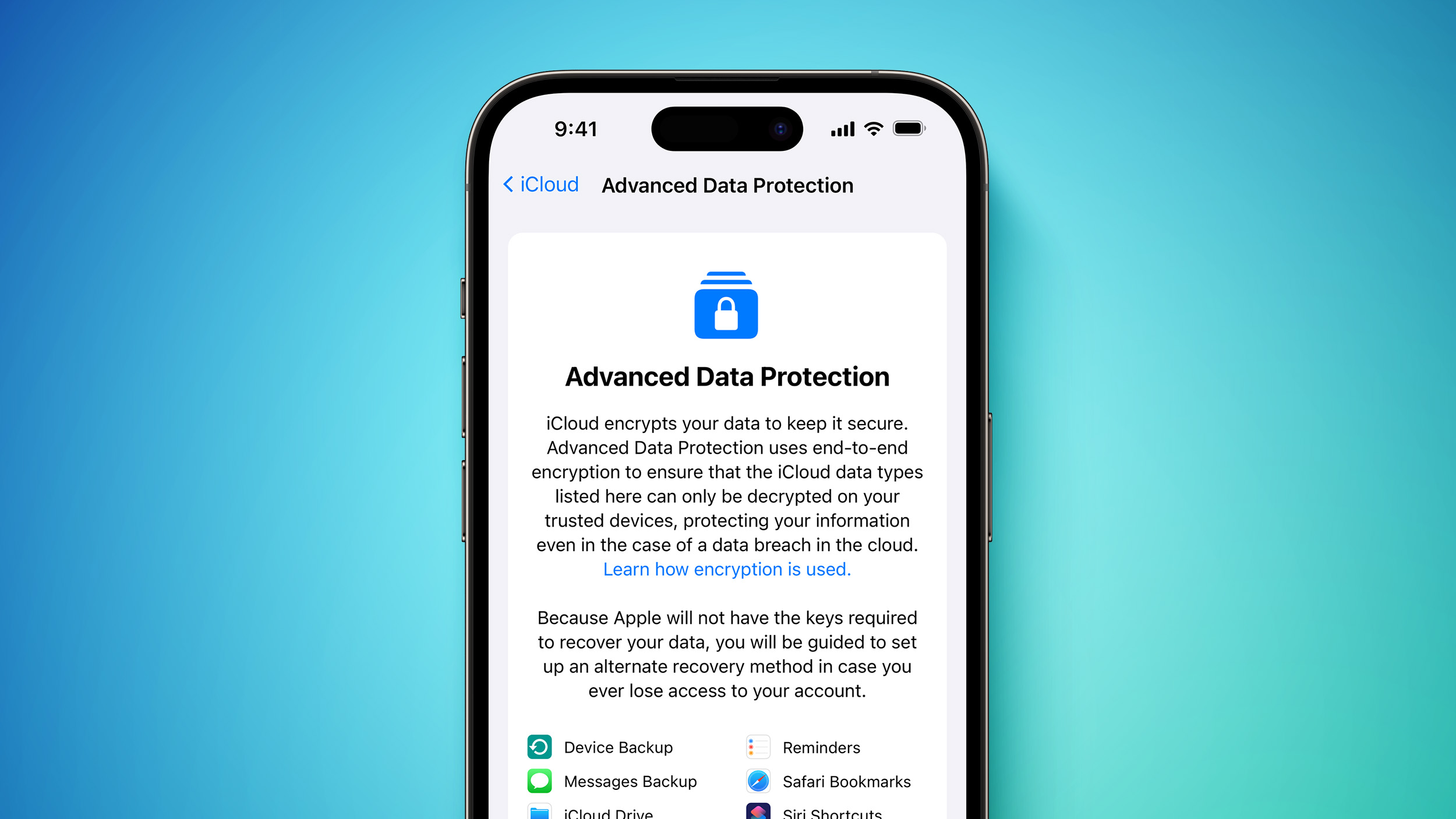Apple advanced security Advanced Data Protection screen Feature greenblue