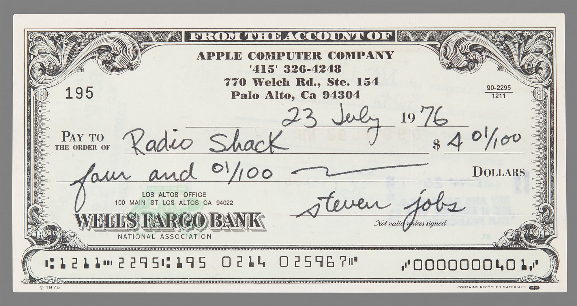 Apple Computer Check Signed by Steve Jobs Sells for $46,000