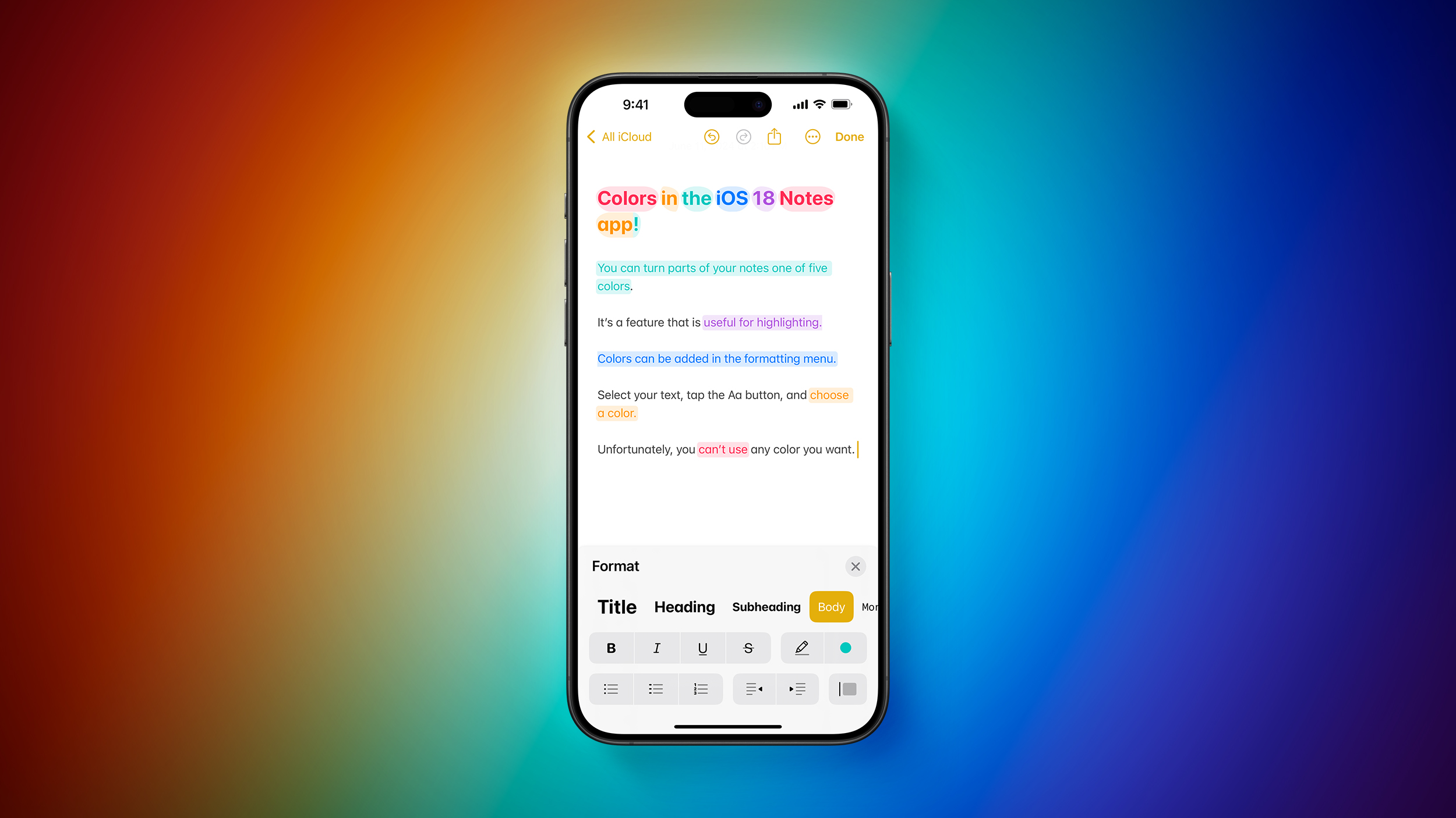 iOS 18 Notes App Supports Colors for Highlighting Typed Text