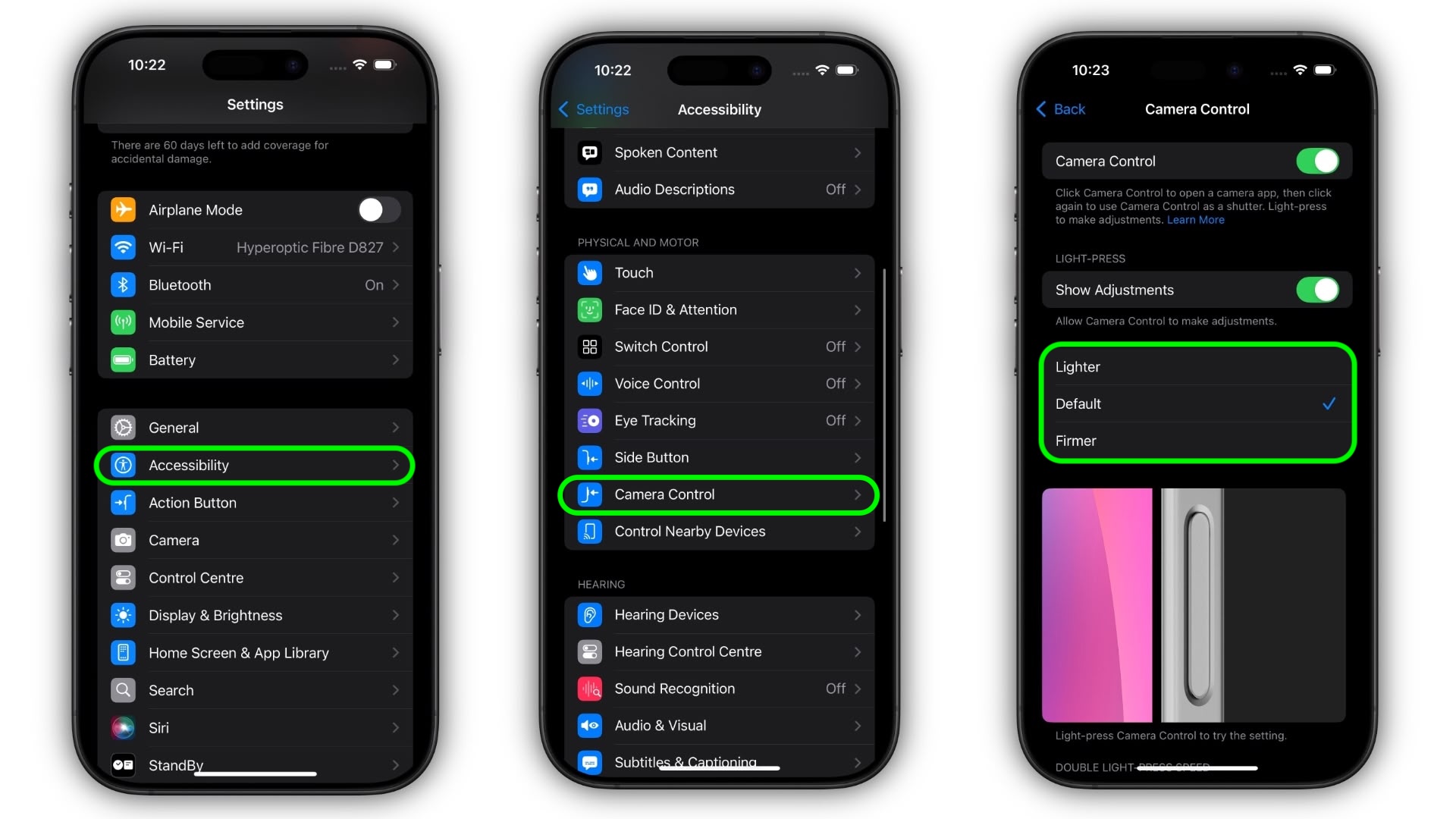 adjust camera control pressure sensitivity iphone 16