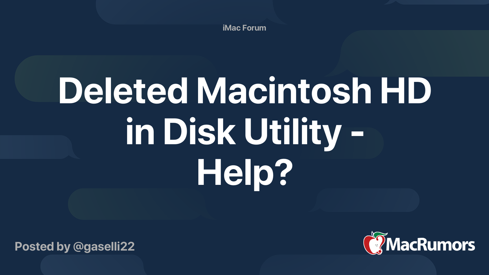 Deleted Macintosh HD In Disk Utility Help MacRumors Forums