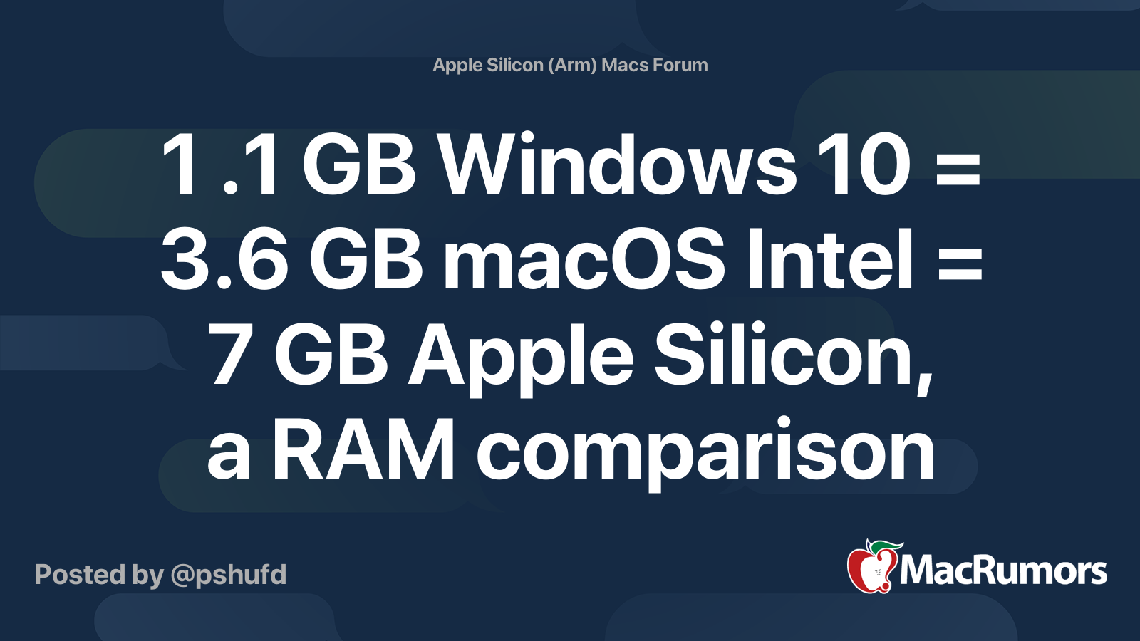 1 .1 GB Windows 10 = 3.6 GB macOS Intel = 7 GB Apple Silicon, a RAM