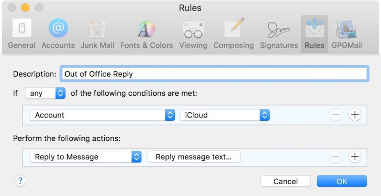 out of office on mac mail