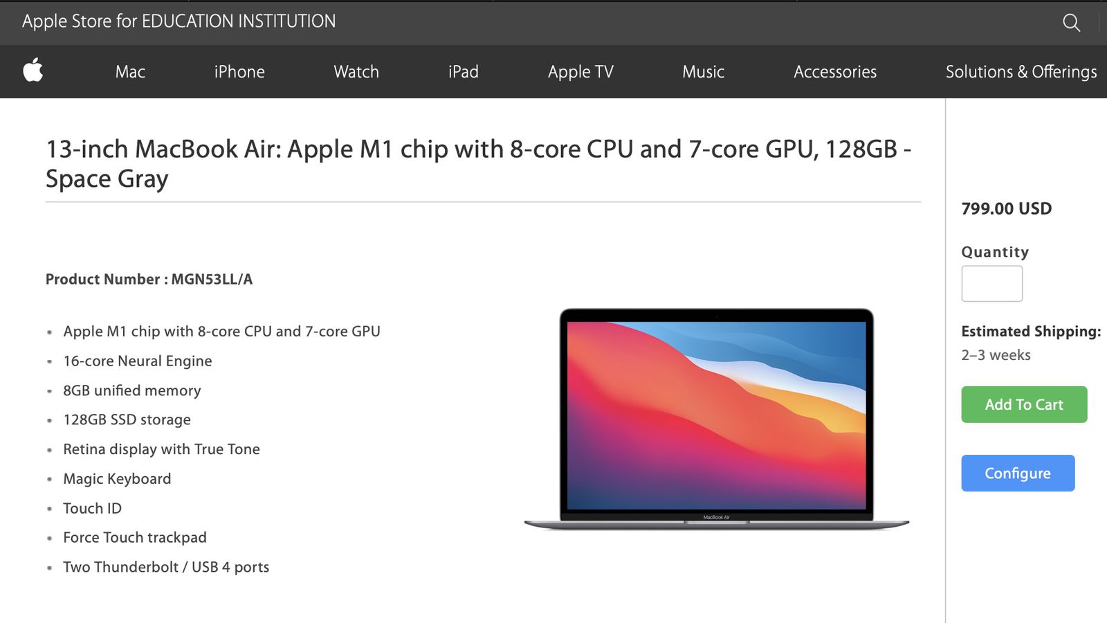 $799 M1 MacBook Air With 128GB Storage for Education Institutions