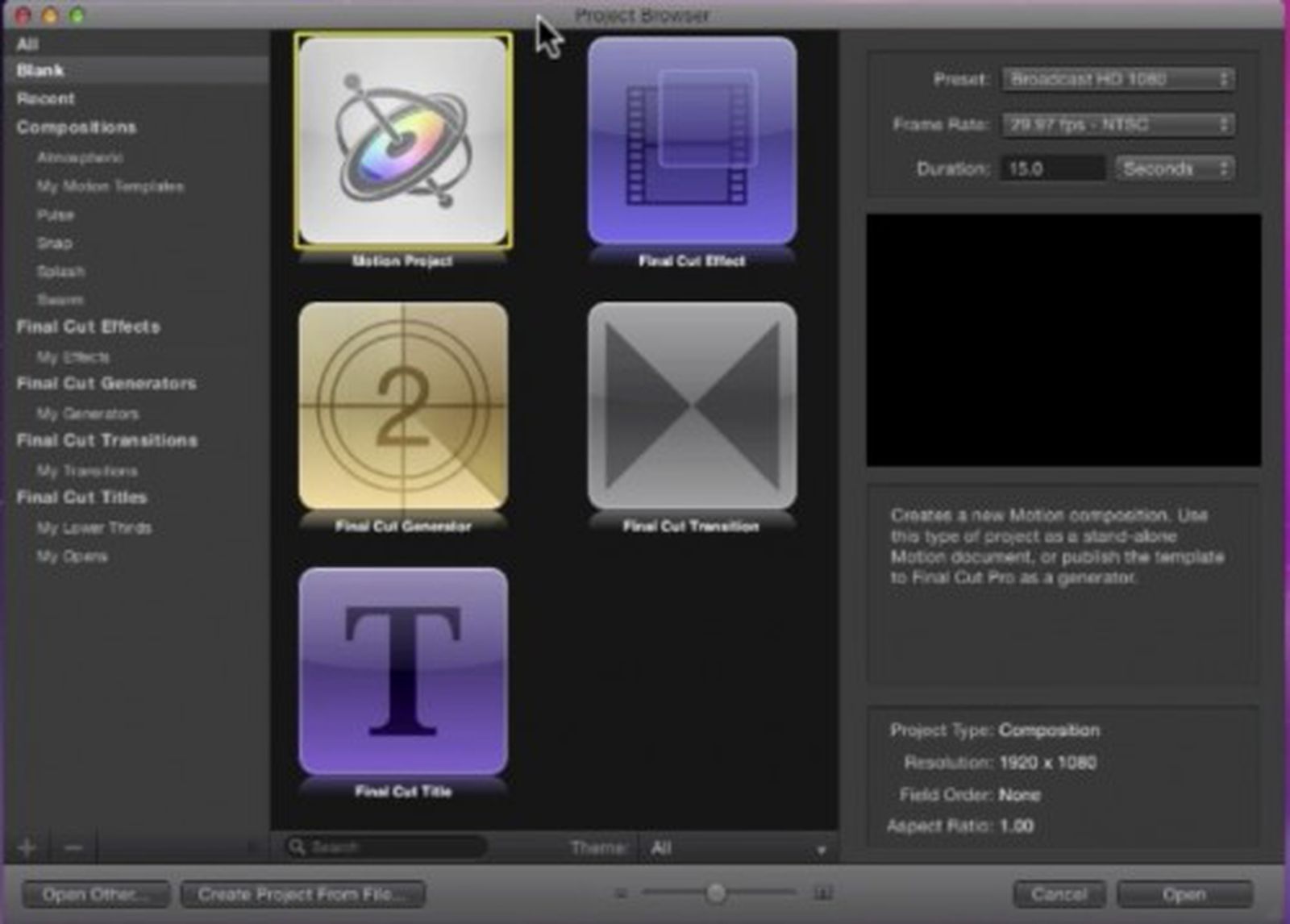 Проект браузер. Final Cut Pro screenshot. Titles for Final Cut. Motion Project.