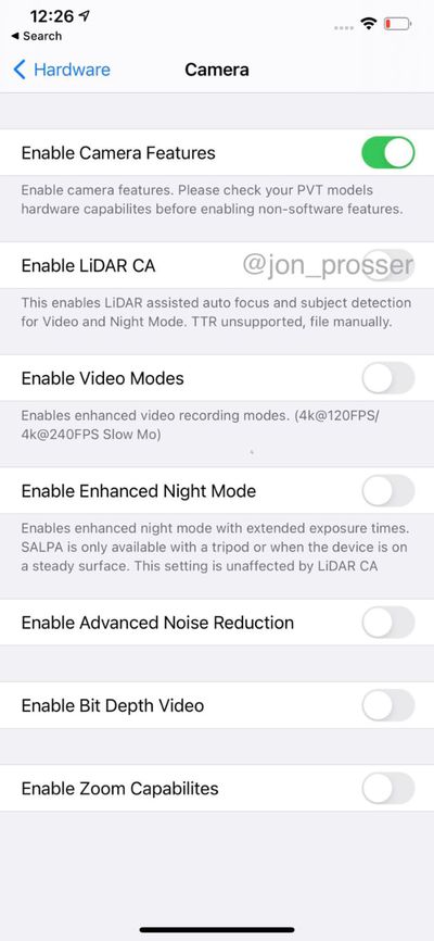 Alleged Screenshots From Iphone 12 Pro Max Settings Suggest 1hz Display Lidar Functionality Updated Macrumors