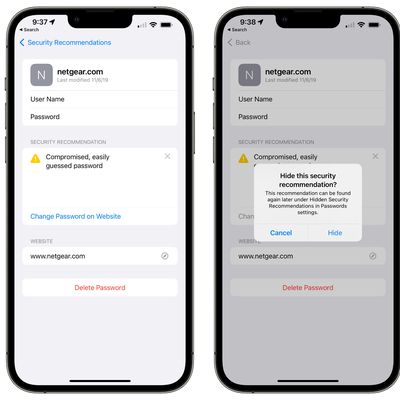 password hide security recommendation ios 15 4