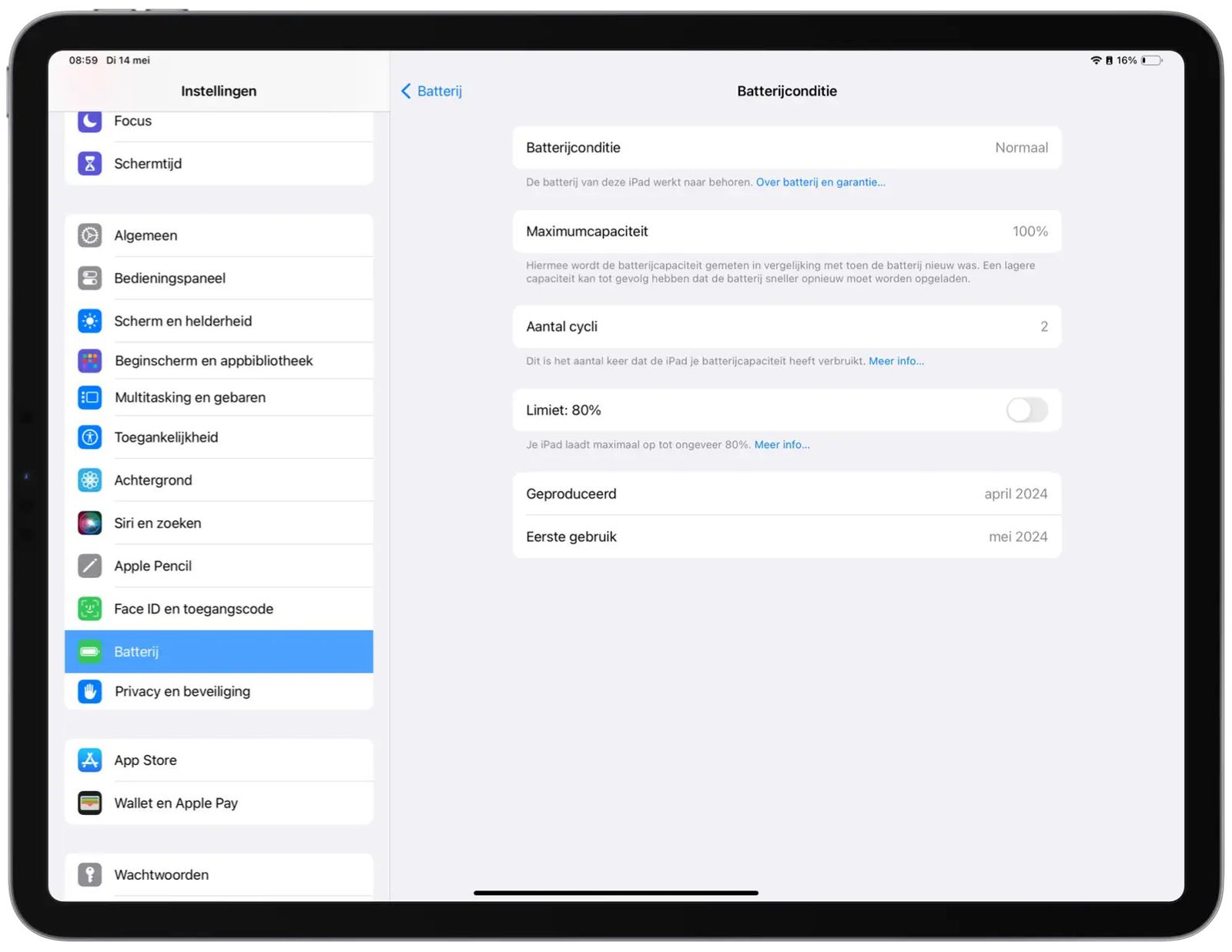 Новая функция iPad Air и iPad Pro — меню состояния аккумулятора, включая счетчик циклов и опцию ограничения зарядки до 80 %.