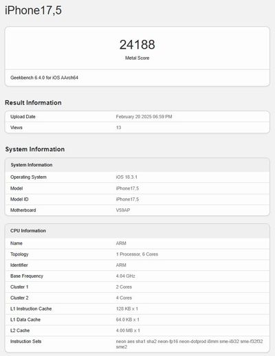 iPhone 16e Geekbench gpu benchmark