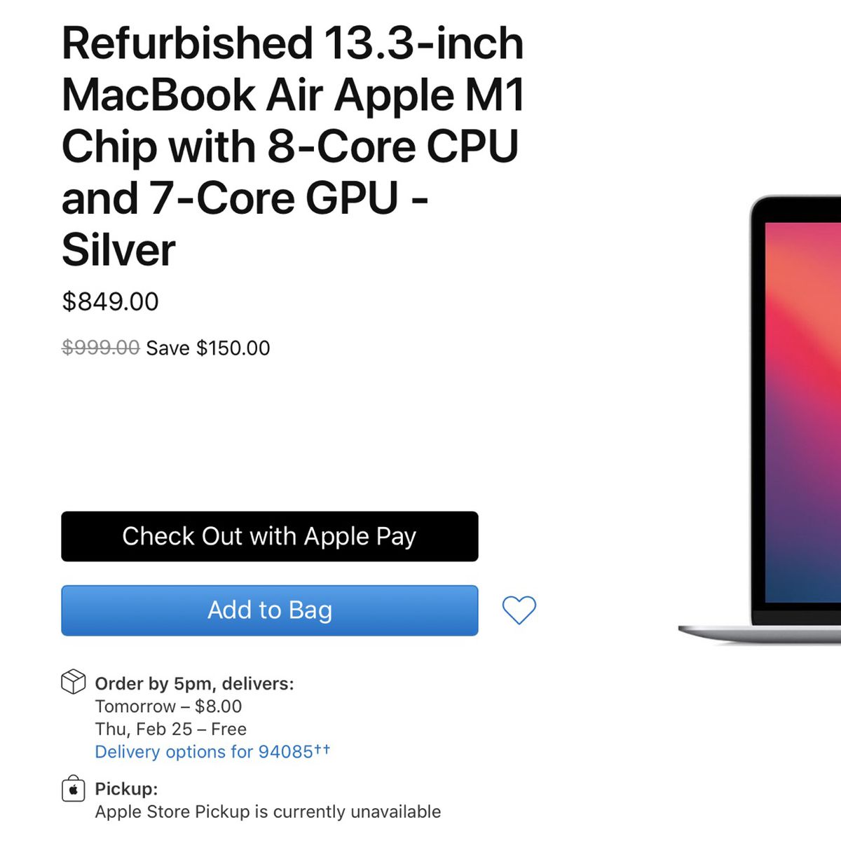 Refurbished 13.3-inch MacBook Air Apple M1 Chip with 8‑Core CPU and 7‑Core  GPU - Silver