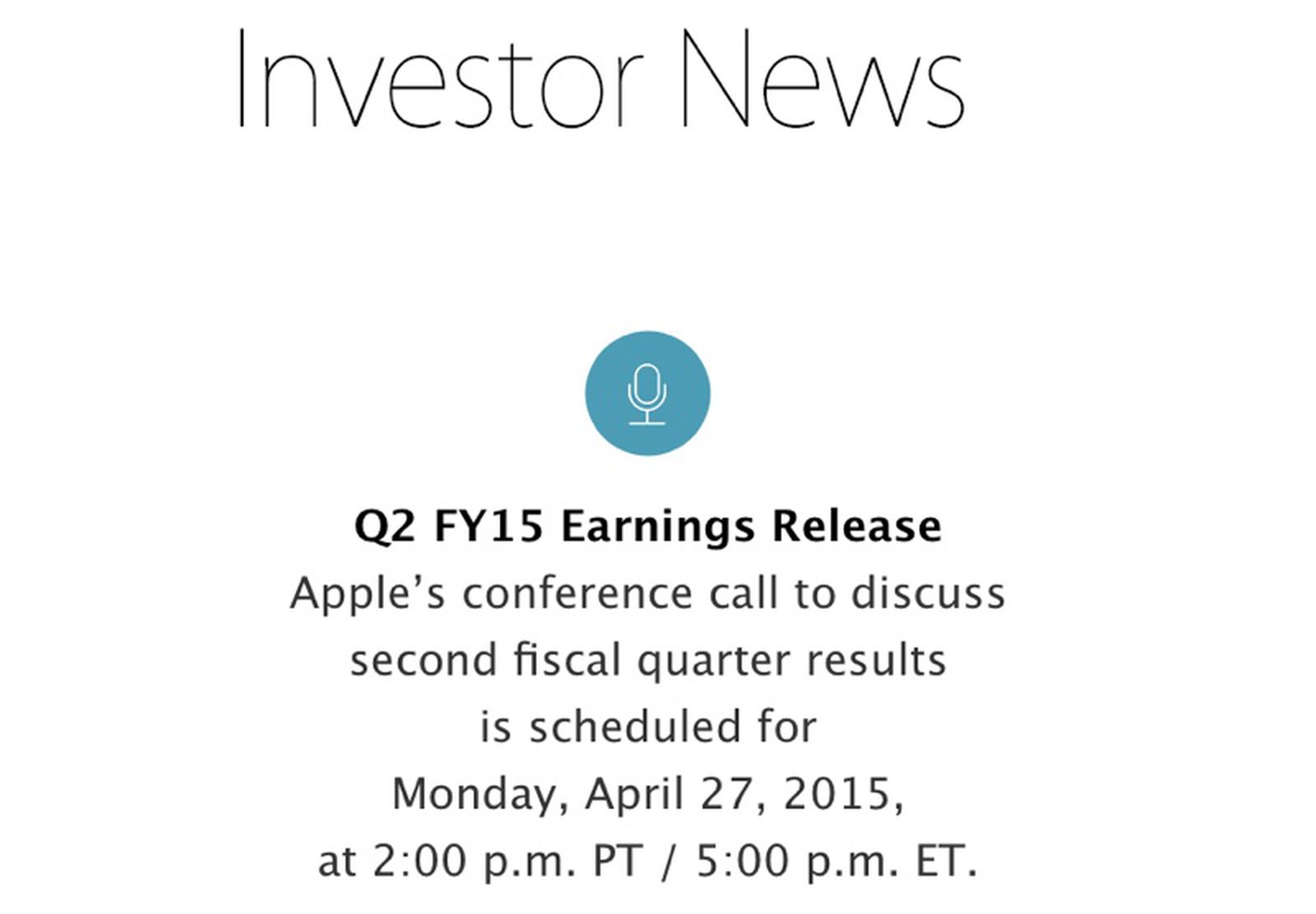 Apple to Announce Q2 2015 Earnings on April 27 - MacRumors