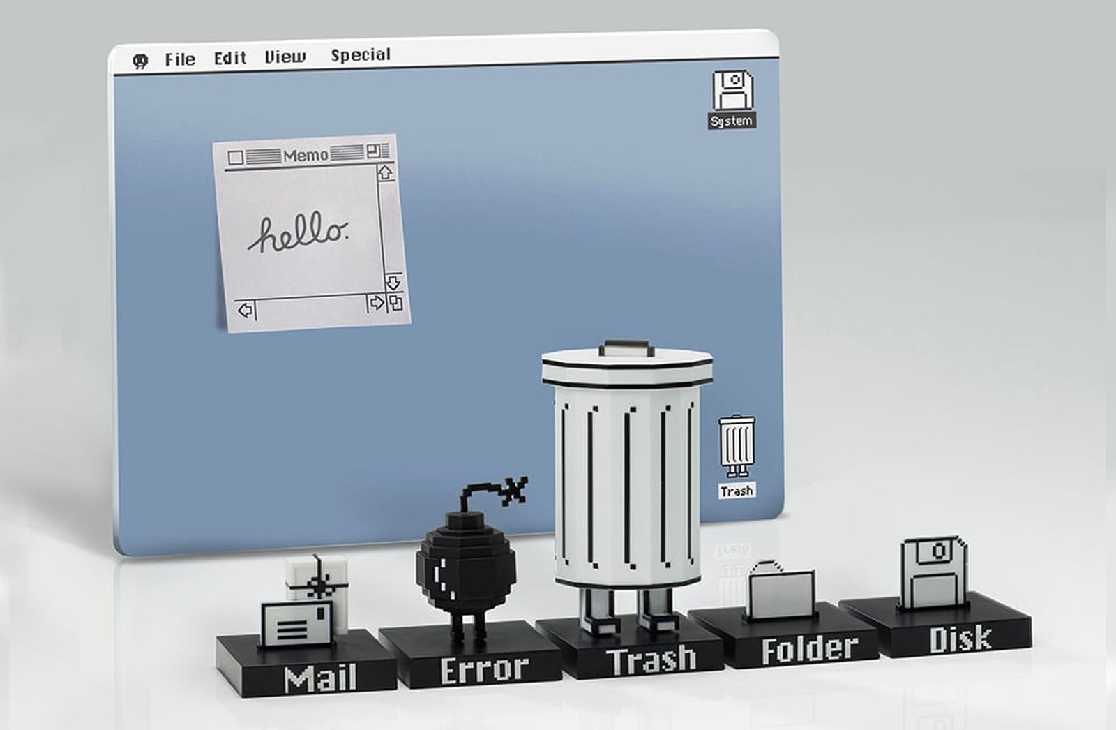 Trashbot Stationery Set Functions Desk Equipment Modeled Soon after Classic Mac Interface