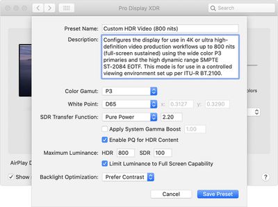 macos catalina system prefs display xdr presets customize preset