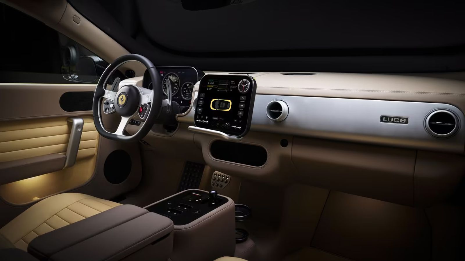 Official Ferrari image of the Ferrari Luce driver display and steering wheel
