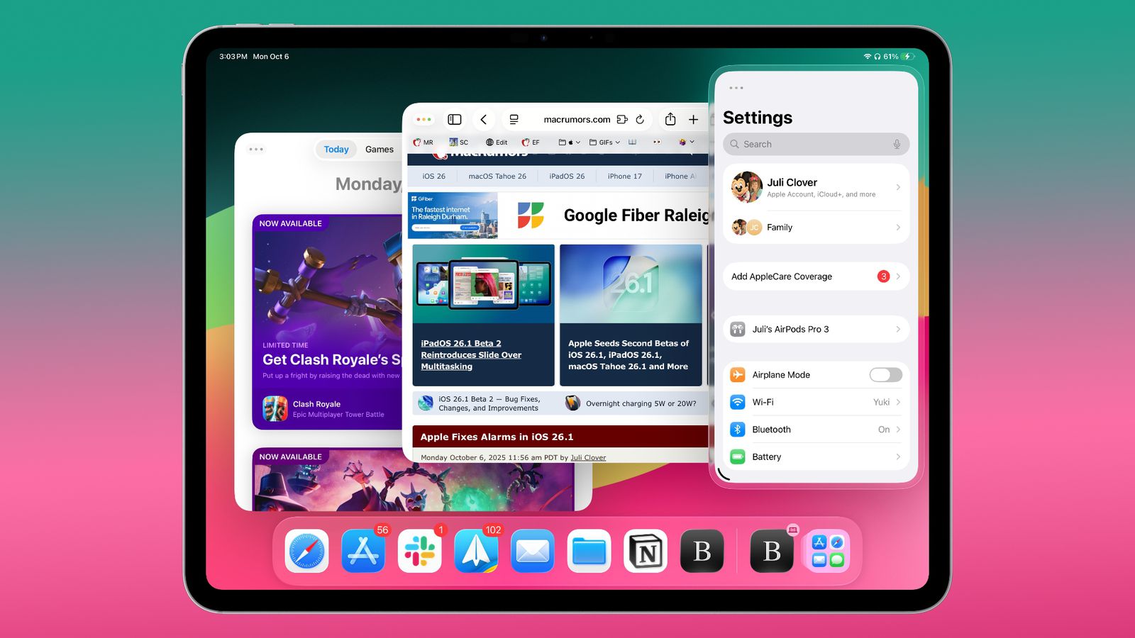 Режим Slide Over в iPadOS 26.1
