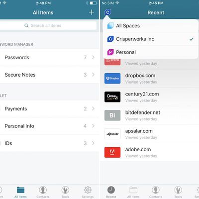 Dashlane iOS Spaces