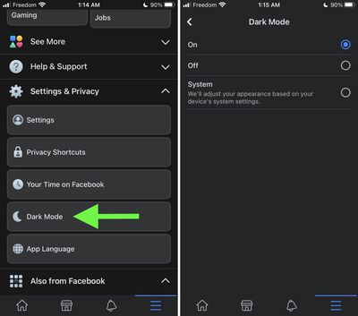 facebook dark mode setting