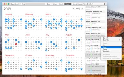 copy events in list view macos calendar