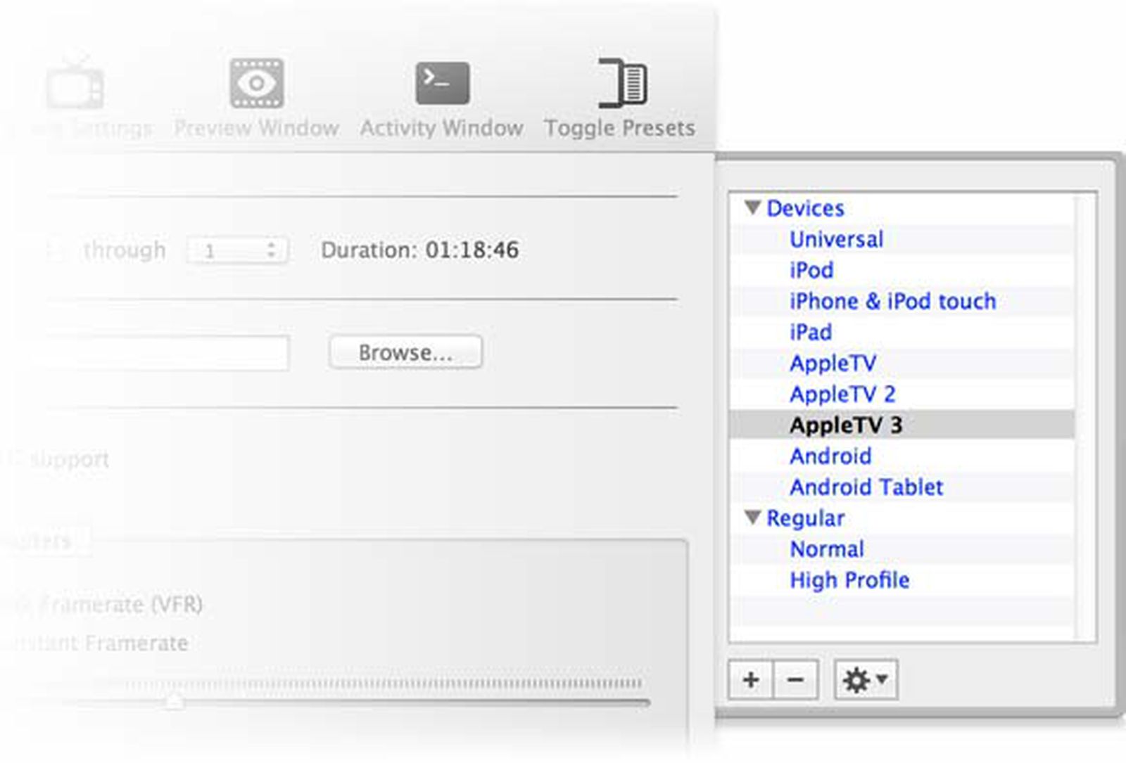 Activity window. Handbrake Video Converter.