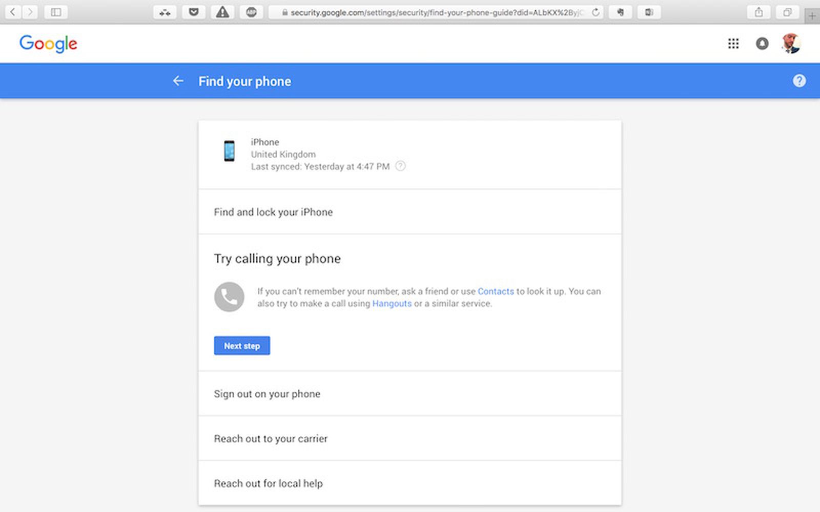 find a phone using google account