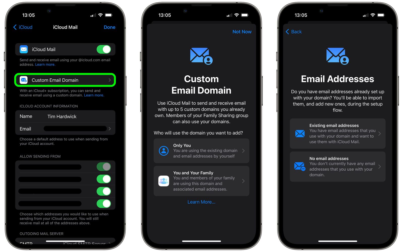 set up a custom email domain with icloud mail on iphone