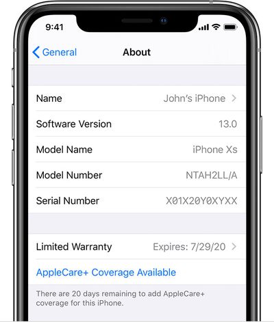 ios13 iphone xs settings general about applecare