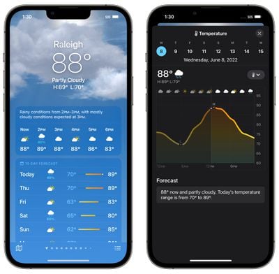 weather app main ios 16 - برنامه هواشناسی iOS 16 با ادغام عمیق تر آسمان تاریک، تعمیرات اساسی قابل توجهی دریافت می کند