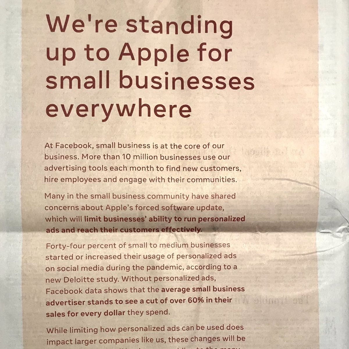 Facebook Takes Out Full Page Newspaper Ads to Attack Apple s iOS