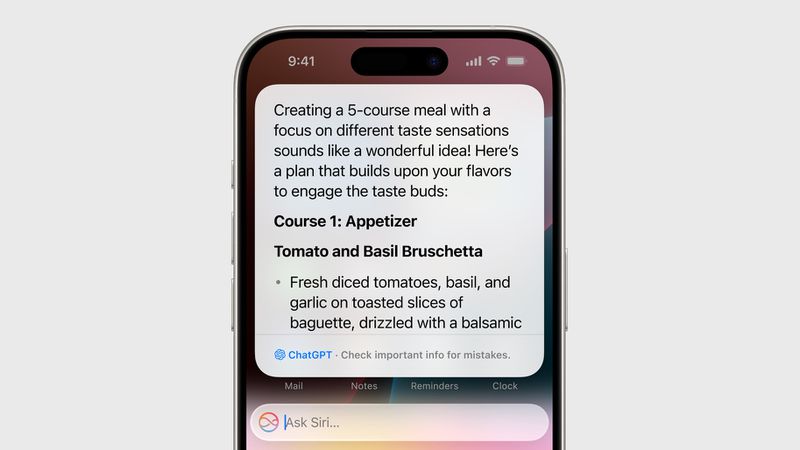 Muestra la pantalla de un iPhone con la aplicación Siri abierta. En la parte superior, se ve una respuesta generada por ChatGPT que sugiere un menú para una comida de cinco platos. El primer curso es un aperitivo de Bruschetta de tomate y albahaca, con una descripción detallada de la receta: "Tomates frescos cortados en dados, albahaca y ajo sobre rebanadas de baguette tostada, rociadas con una reducción de balsámico". Debajo de la respuesta se observa un aviso que dice "Check important info for mistakes" junto al logo de ChatGPT. En la parte inferior de la pantalla se muestra la interfaz clásica de Siri, con el texto "Ask Siri..." en el campo de entrada.